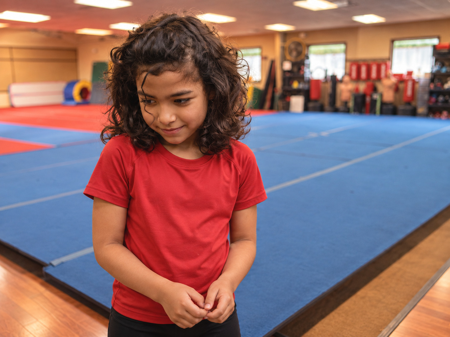 A young Pittsburg Elite athlete in a red program shirt standing on the gym mats with her hands clasped in front of her.